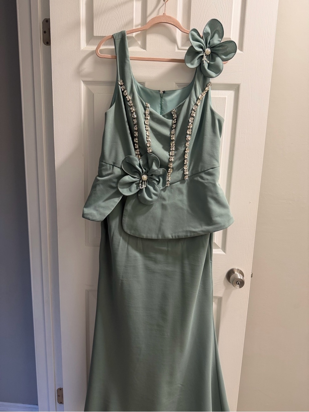 SHEIN Sage Green Floral Appliqué Maxi Dress with Crystal Accents